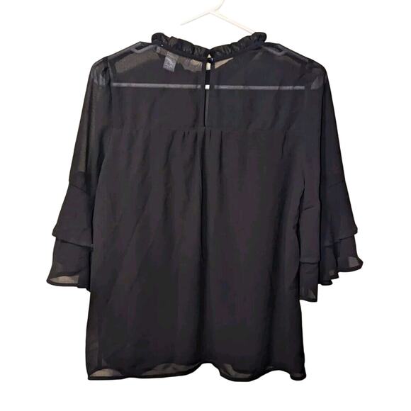 NWT Monteau Los Angeles Black 3/4 Sleeve Ruffle Blouse KeyholeNeckline MediumNWT - Picture 4 of 4